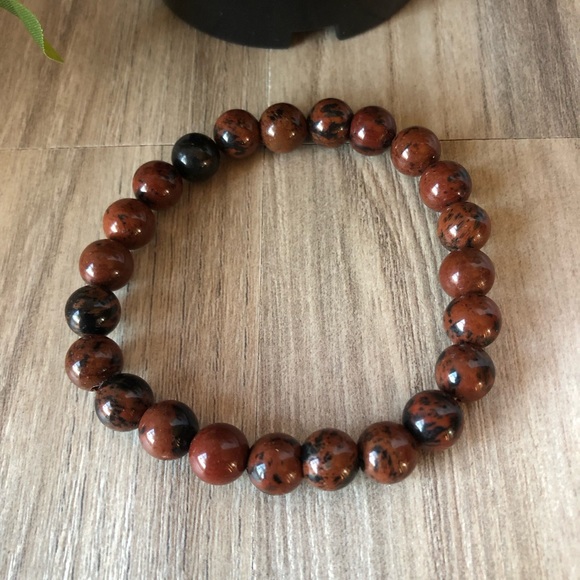 Mahogany Obsidian Natural Stone Beads Stretchable Bracelet 7" - 8mm Beads Gift - Picture 2 of 2